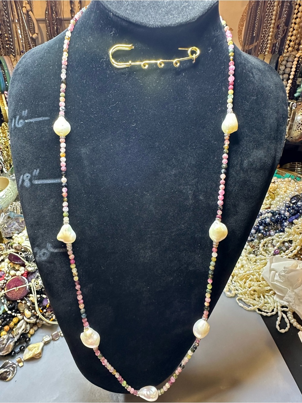 Lucas Lameth Multi- tourmaline and Barouque Pearl 32” Necklace